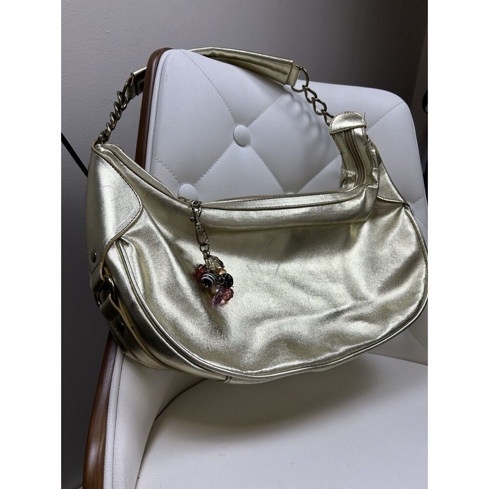 Thalia Sod Gold Metallic Crescent Shoulder Bag Chain Strap Zip Floral Lining